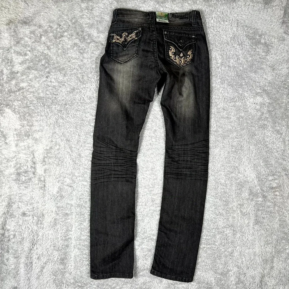 Request Jeans Womens 1X25 Black Denim Cotton Stretch Rhinestone Straight Leg